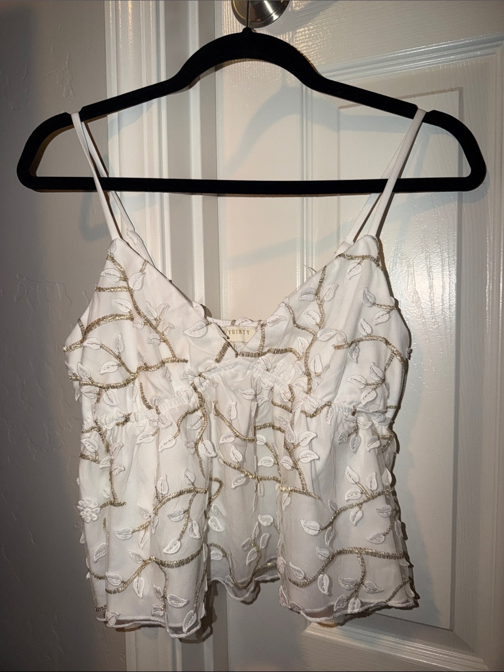 Thirty Thirty White Embroidered Spaghetti Strap Crop Top